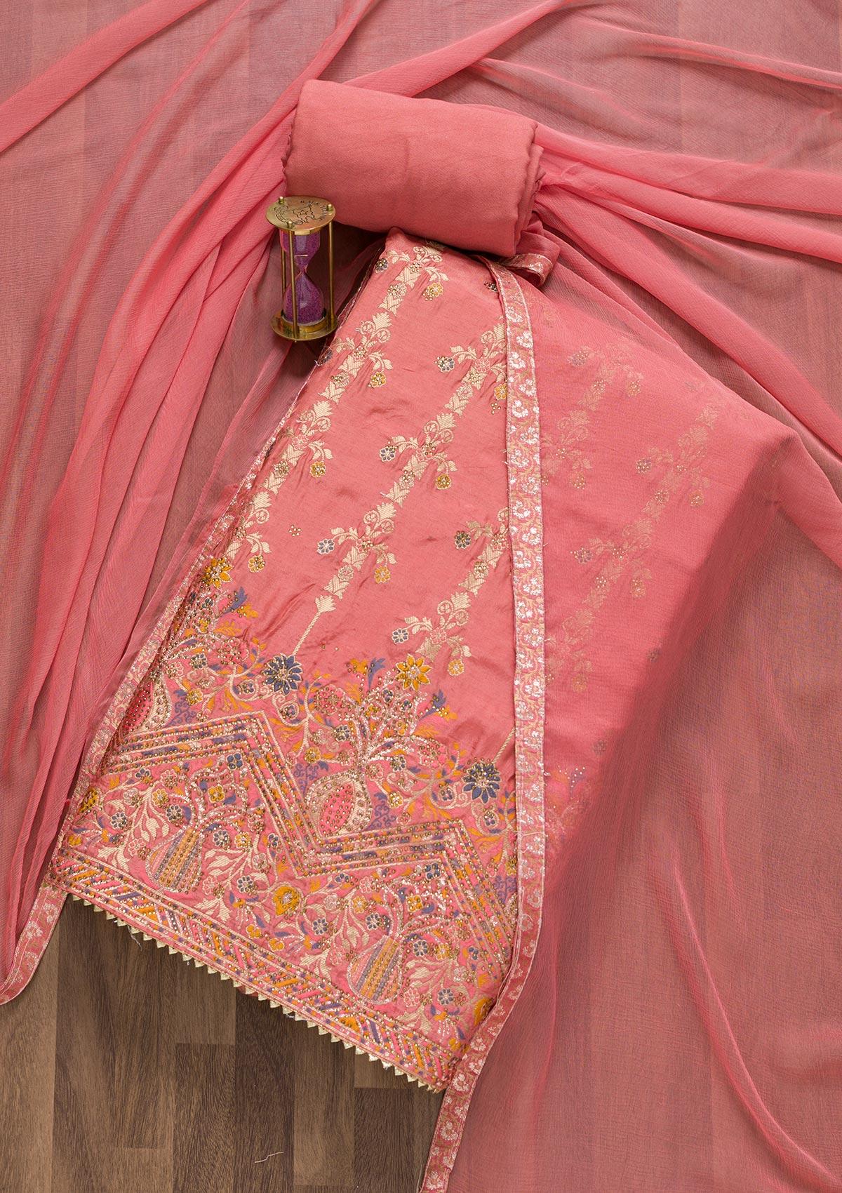 onion pink soft silk zariwork unstitched salwar suit