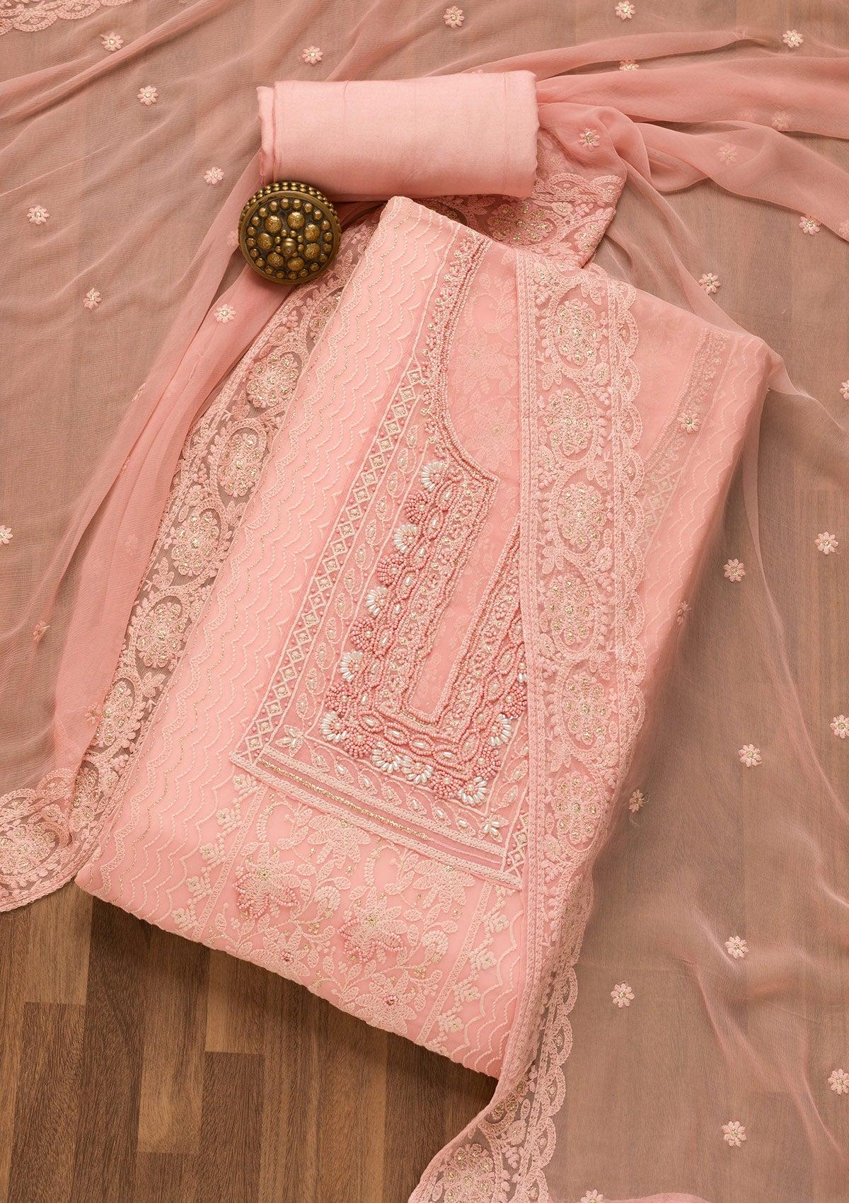onion pink threadwork georgette unstitched salwar suit