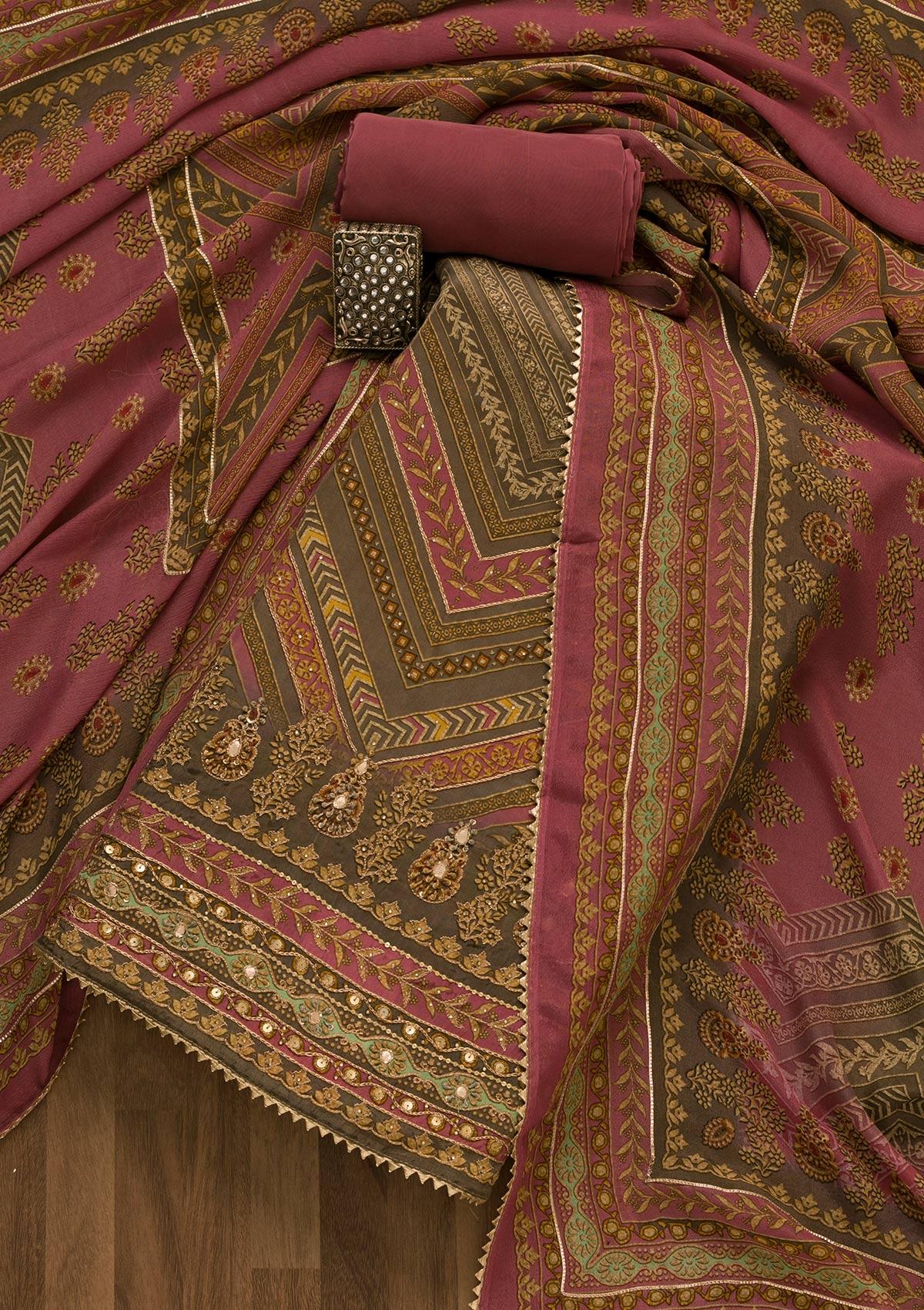 onion pink zari work crepe unstitched salwar suit