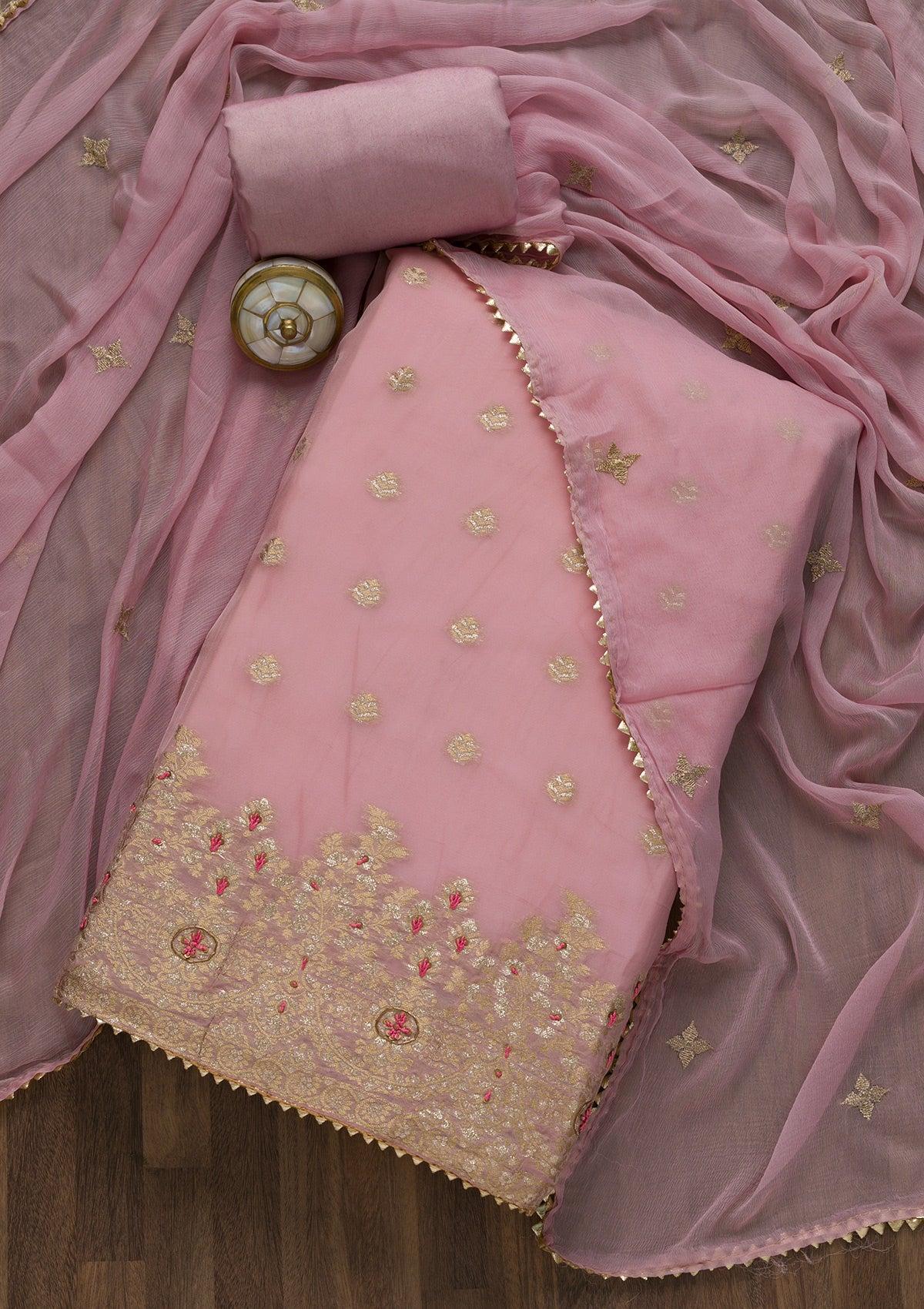 onion pink zariwork art silk semi-stitched salwar suit