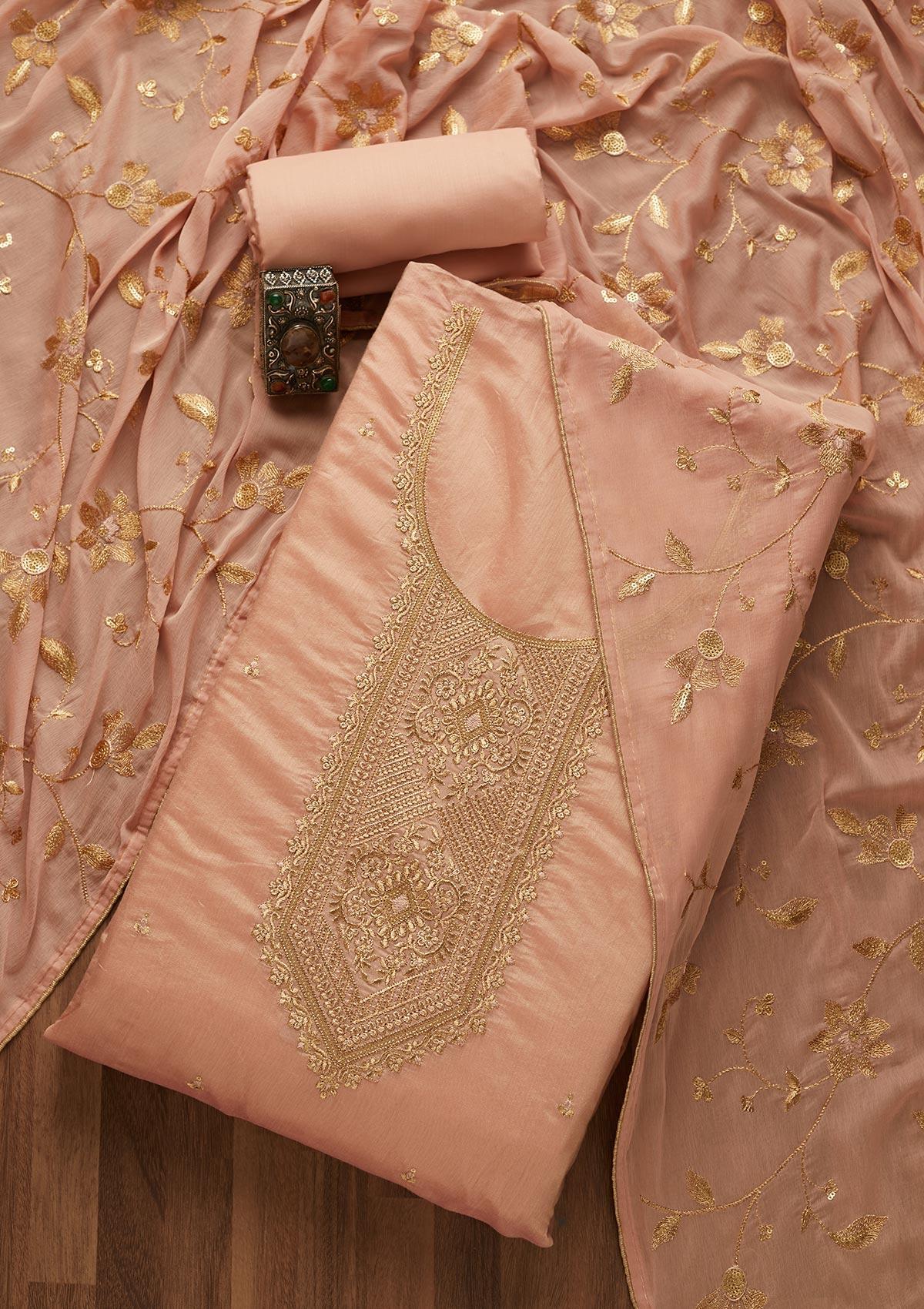 onion pink zariwork chanderi unstitched salwar suit
