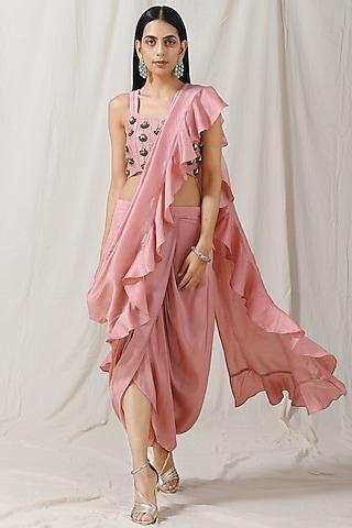 onion pink bamberg silk ruffle draped saree set