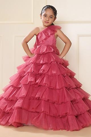 onion pink butterfly net one-shoulder floral gown for girls