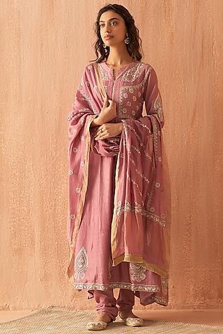 onion pink chanderi embroidered anarkali set