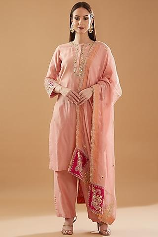 onion pink chanderi silk embroidered kurta set
