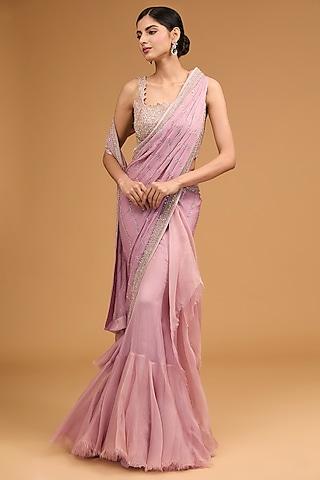 onion pink chiffon sequins embroidered ruffled saree set