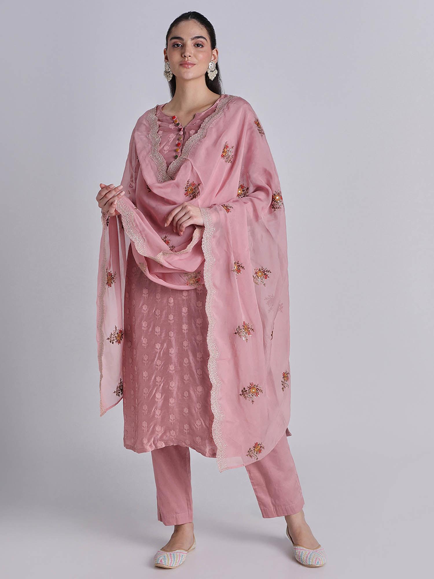 onion pink color kurta with pant and dupatta (set of 3)