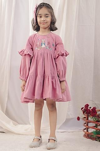 onion pink corduroy embroidered dress for girls