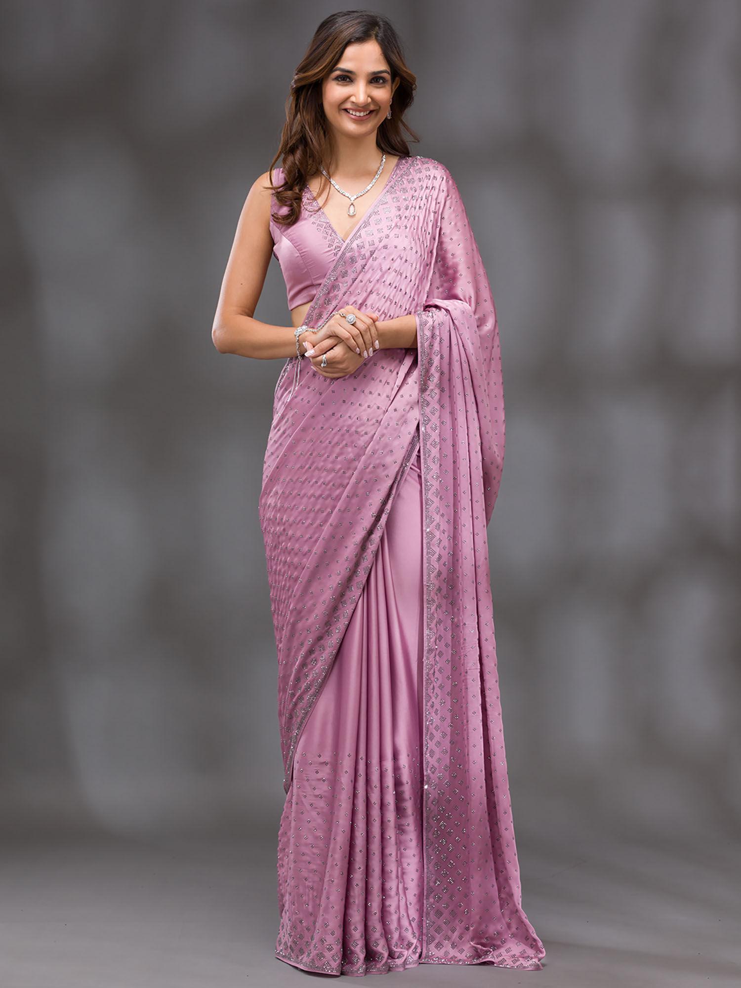 onion pink embellished swarovski stone crepe saree with unstitched blouse