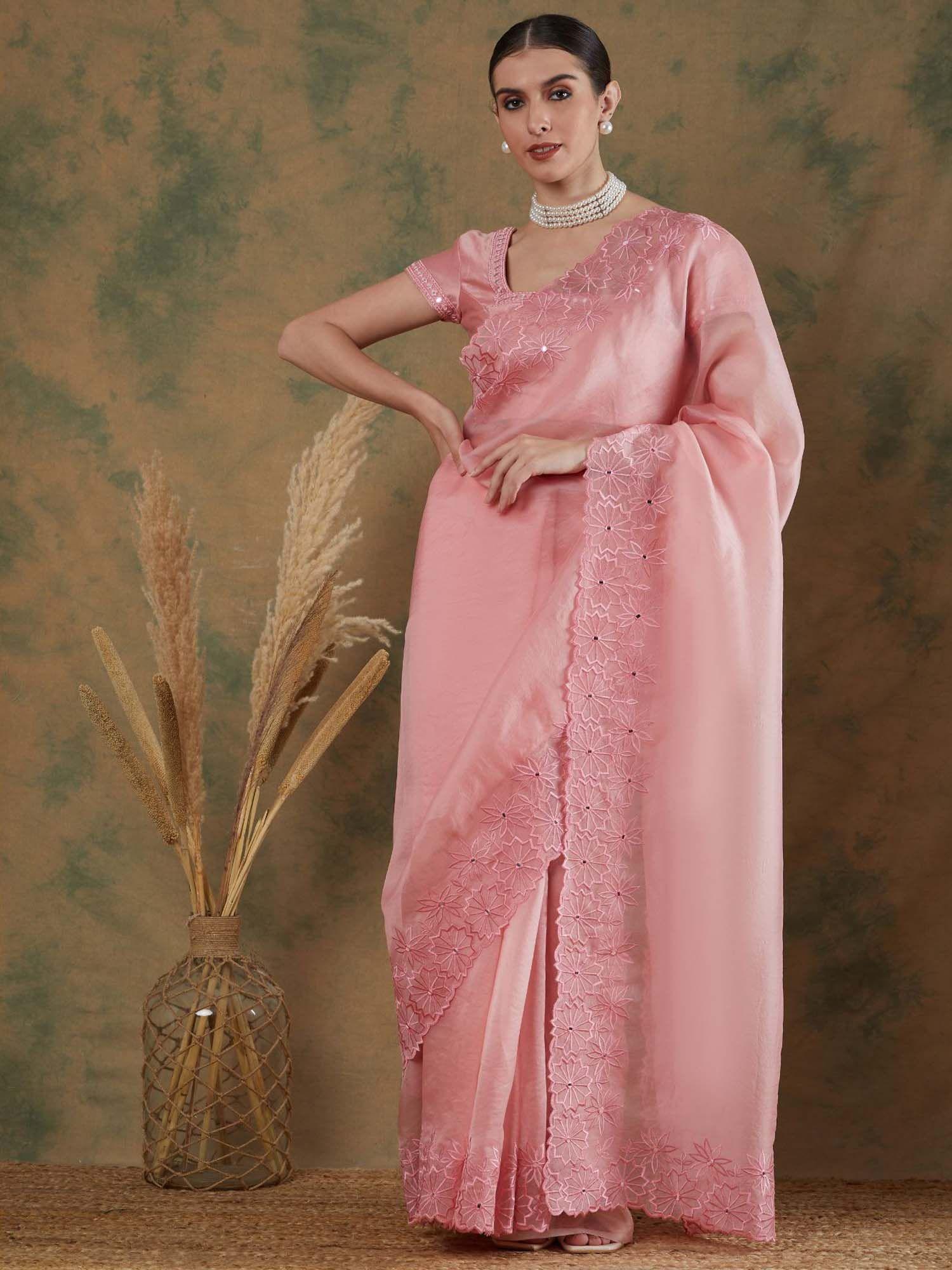 onion pink embroidered saree with stitched blouse