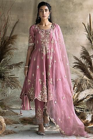 onion pink embroidered short anarkali set