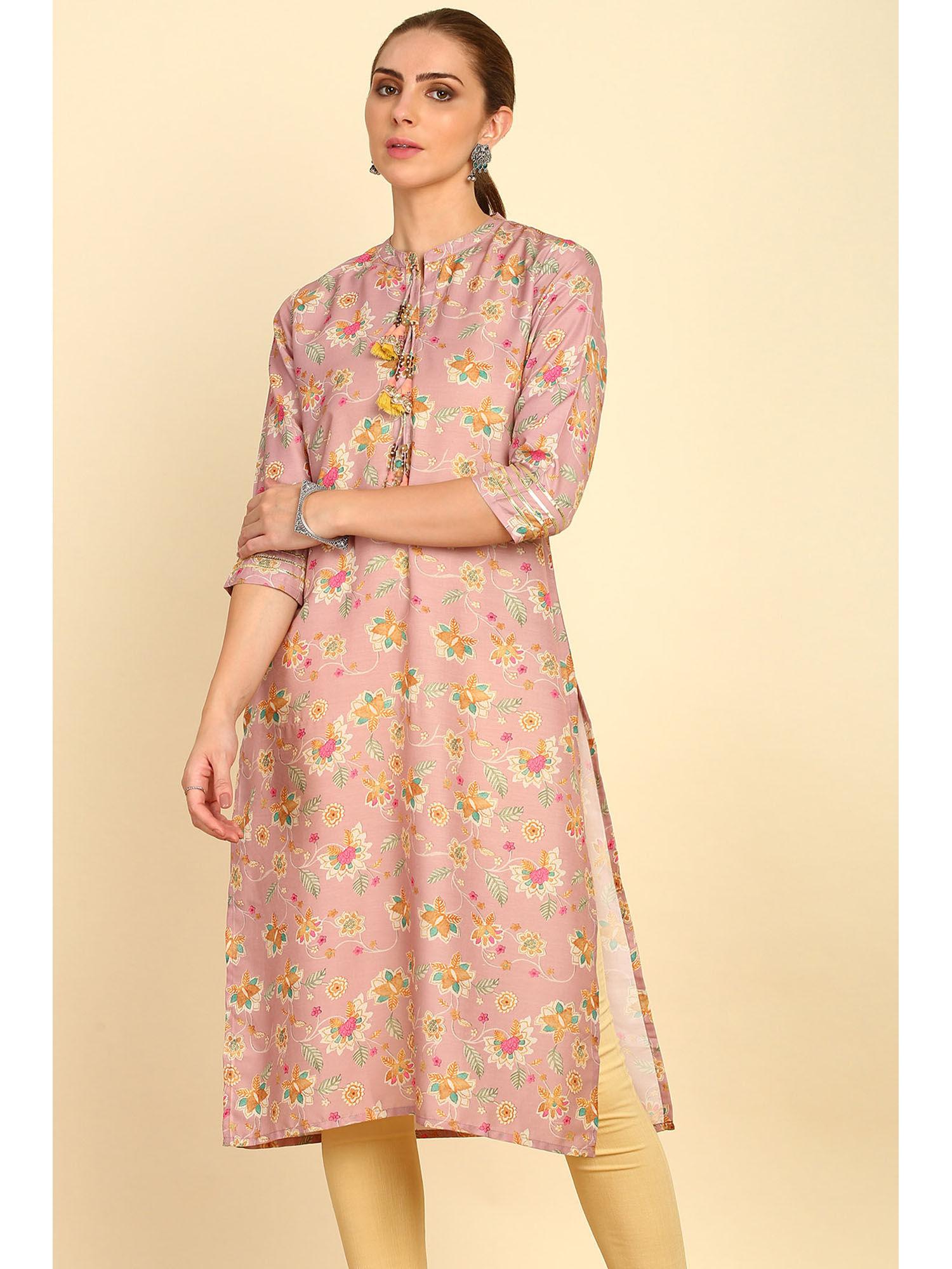 onion pink floral printed rayon kurta with tassels