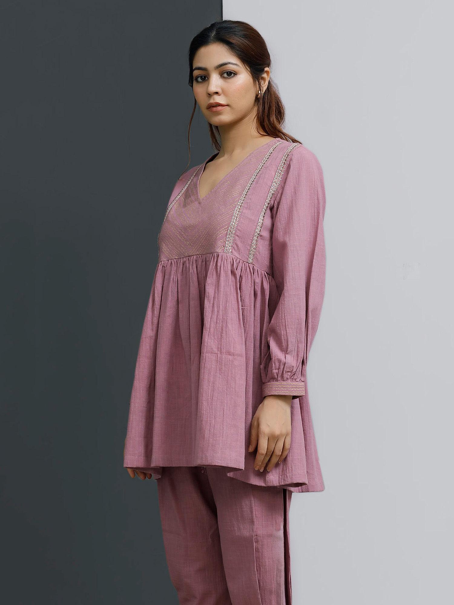 onion pink hand-block printed gathered short kurta