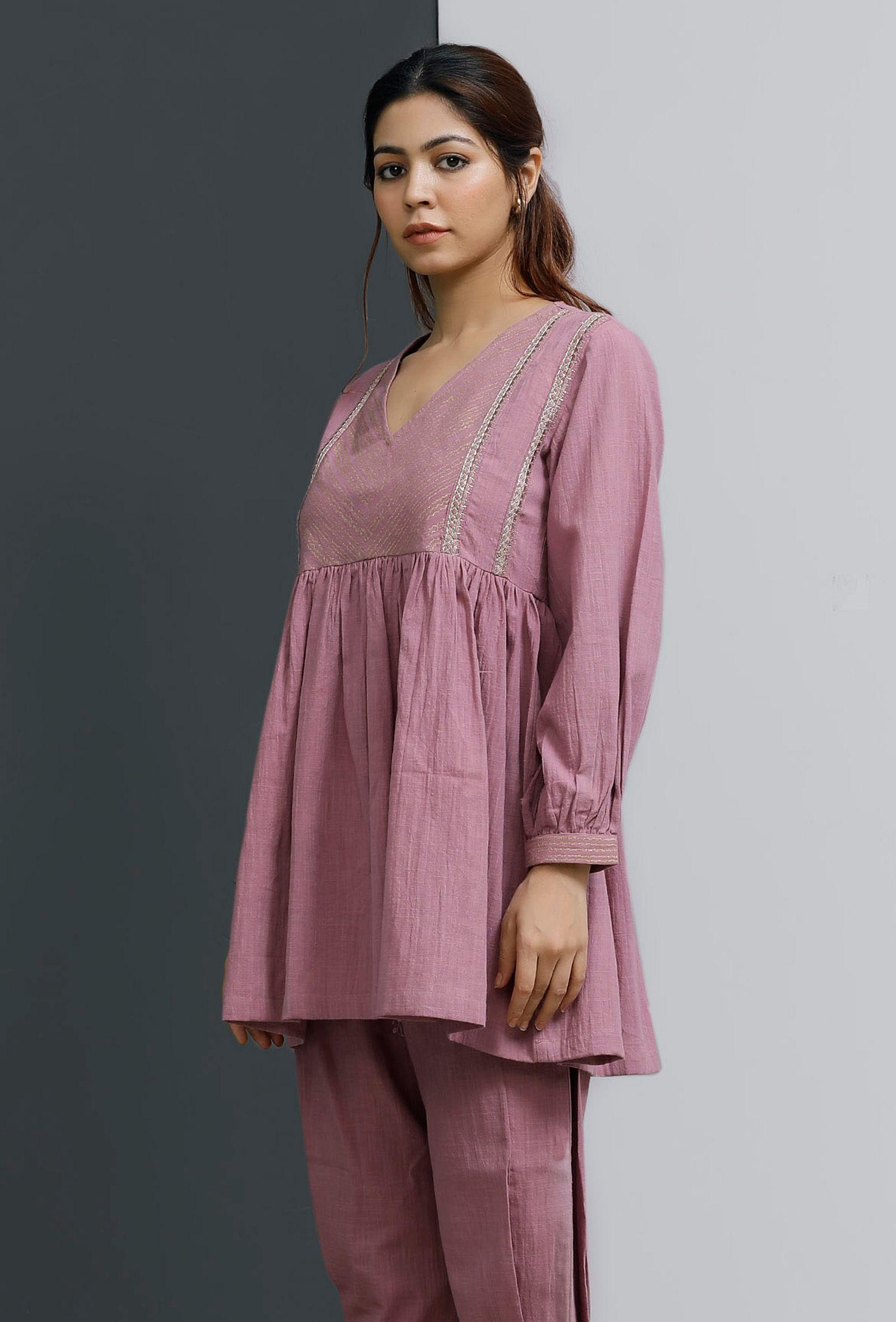 onion pink hand-block printed gathered short kurta