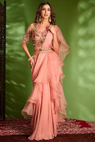 onion pink hand embroidered ruffled saree set