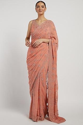 onion pink hand embroidered saree set