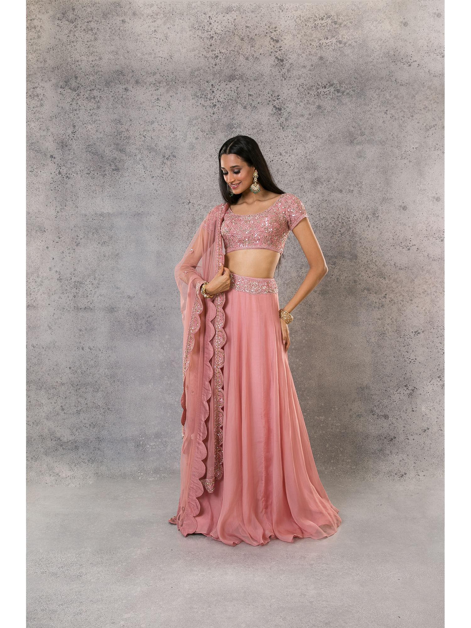 onion pink lehenga with scallop dupatta & blouse (set of 3)