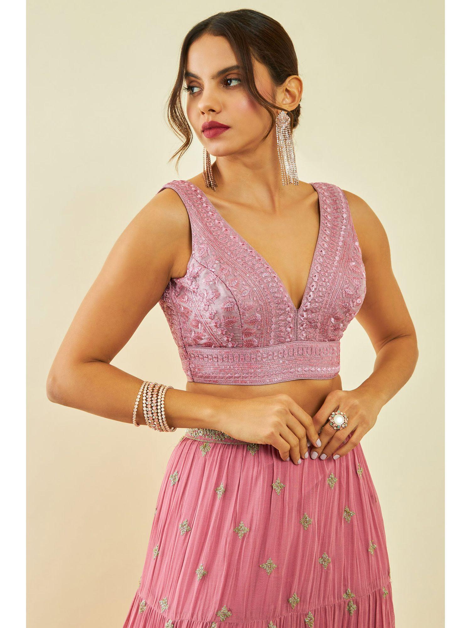 onion pink net embellished stitched blouse with embroidered