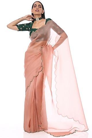 onion pink organza scalloped embroidered saree set