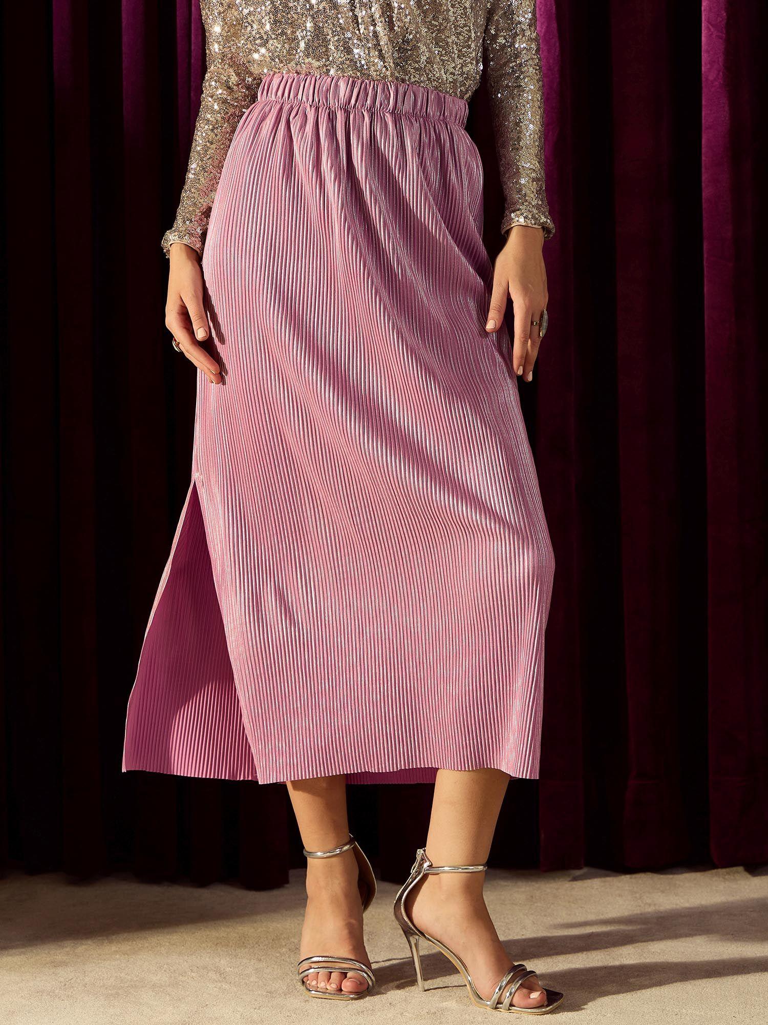 onion pink pleated foil side slit skirt