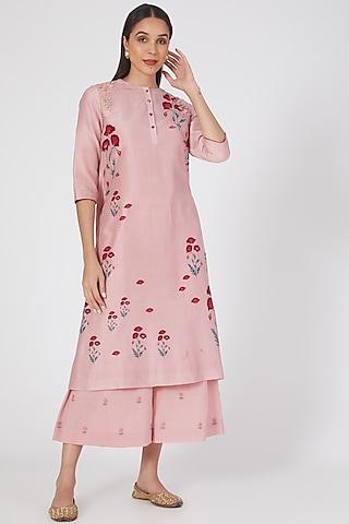 onion pink printed & embroidered kurta set