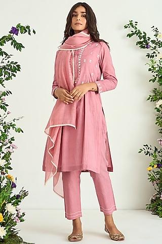 onion pink pure cotton embroidered kurta set