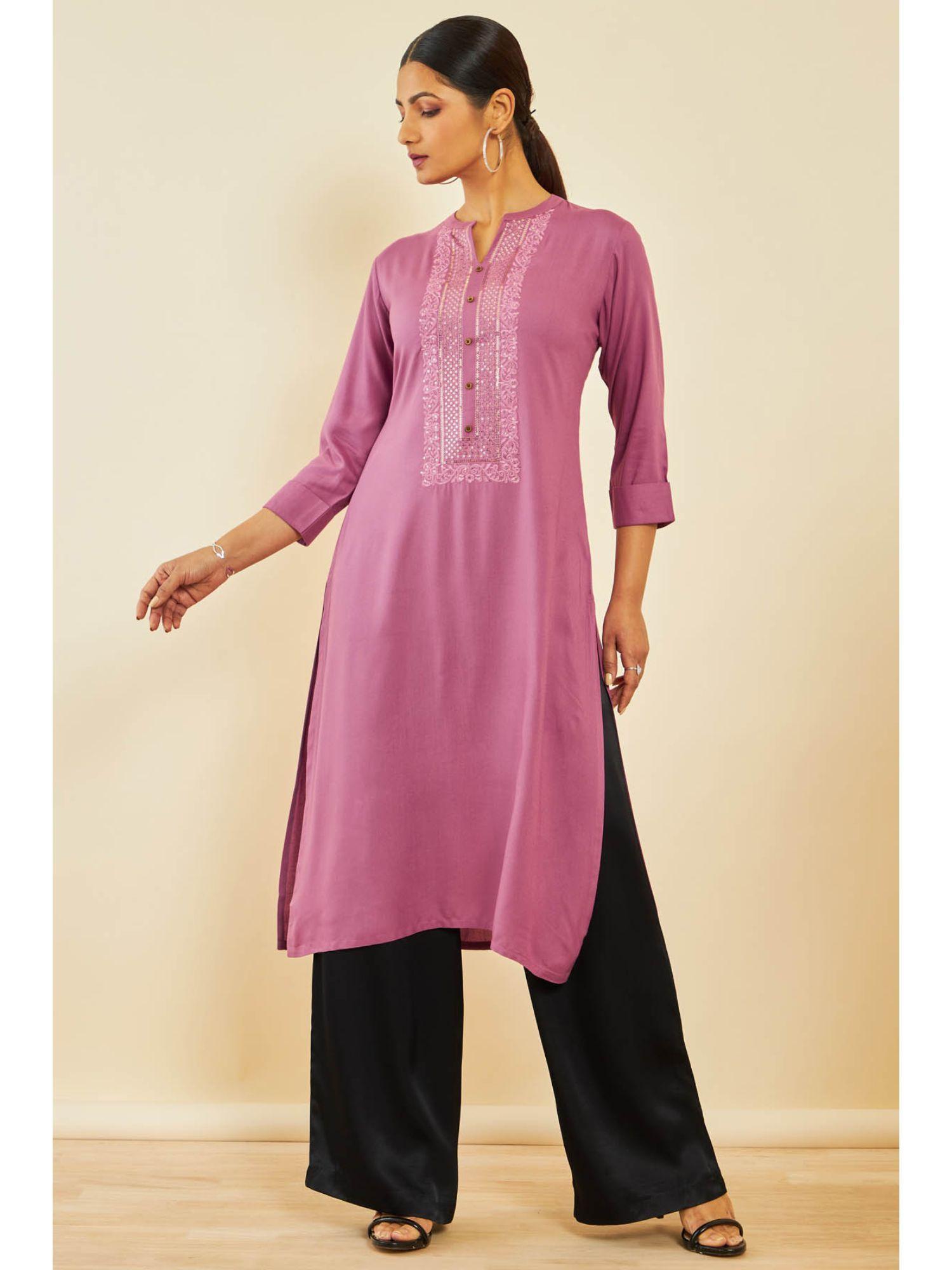 onion pink rayon embroidered kurta with sequins