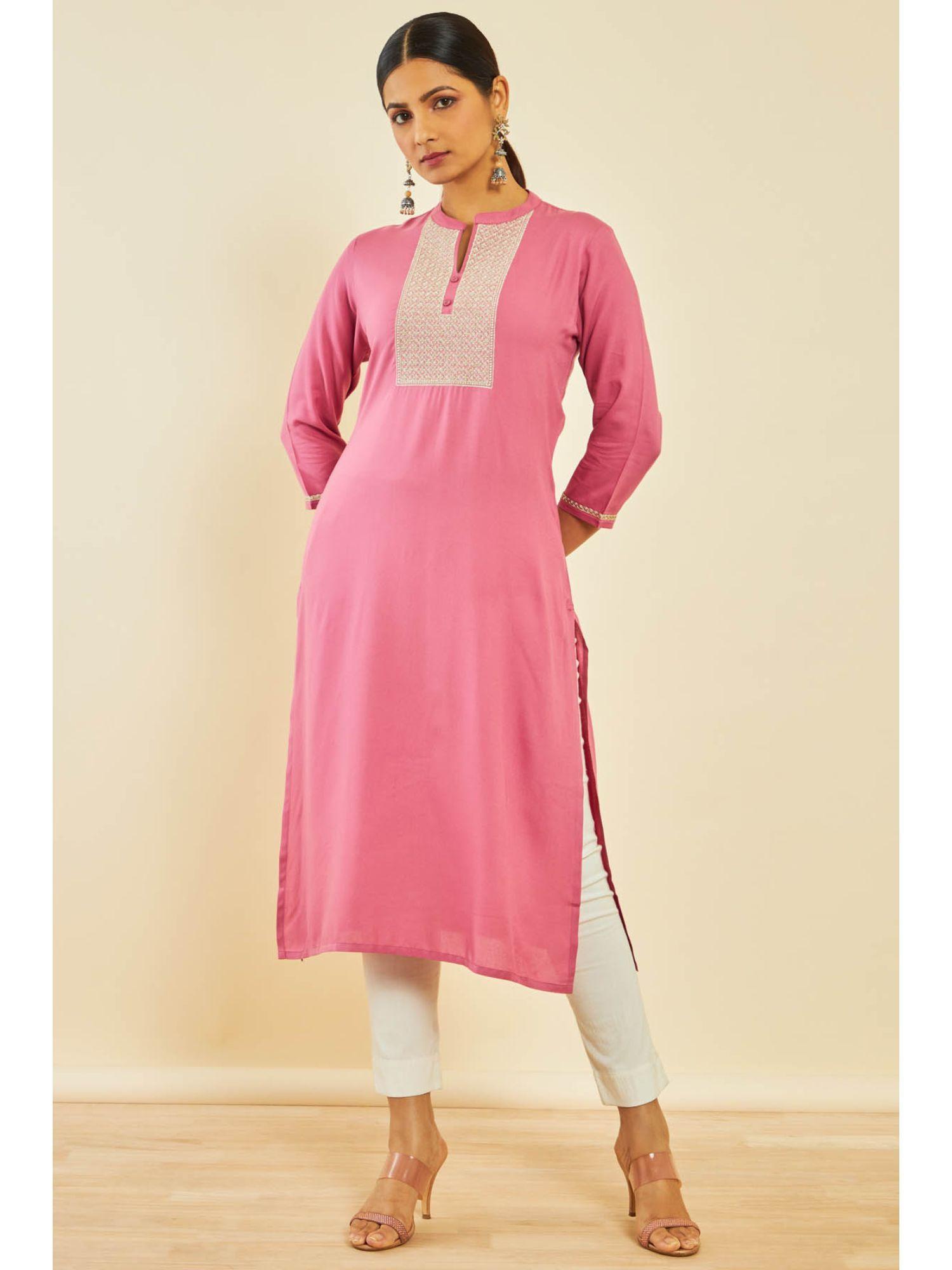 onion pink rayon embroidered kurta with thread work