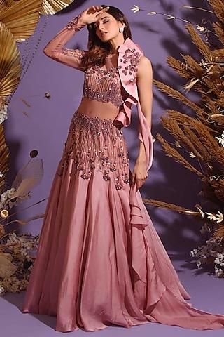 onion pink satin organza hand embroidered draped gown