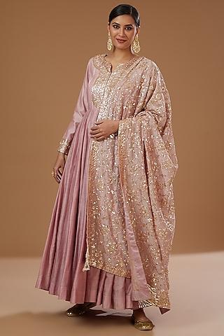 onion pink silk anarkali set