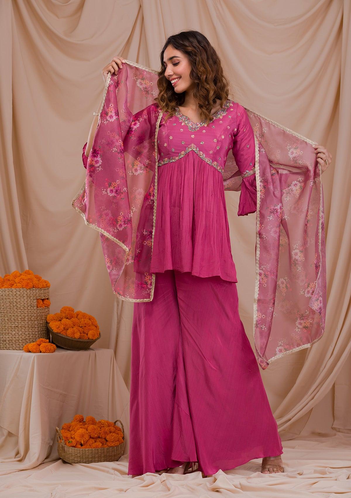 onion pink threadwork crepe readymade sharara suit