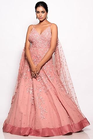 onion pink tulle embroidered gown with dupatta