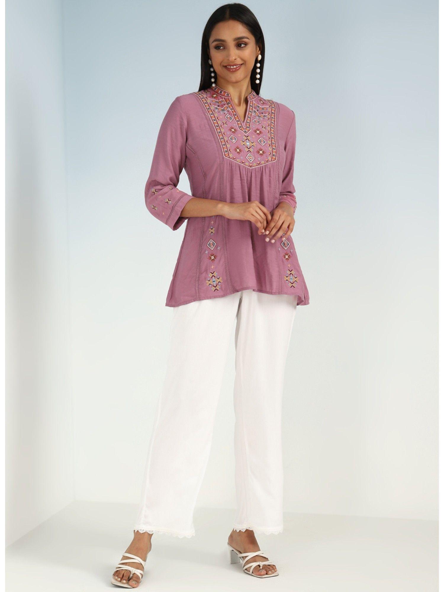 onion pink tunic with front yoke embroidery detail