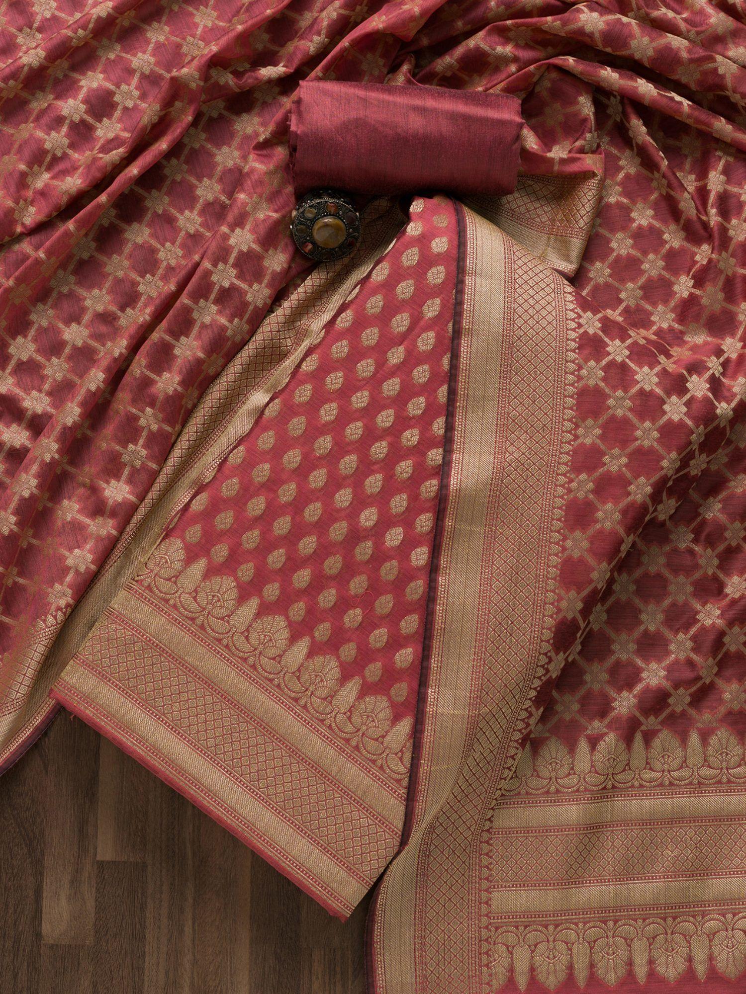 onion pink woven banarasi unstitched salwar suit (set of three)