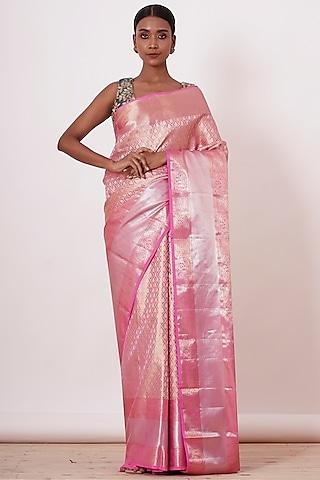 onion pink zari & motifs embroidered handwoven saree set