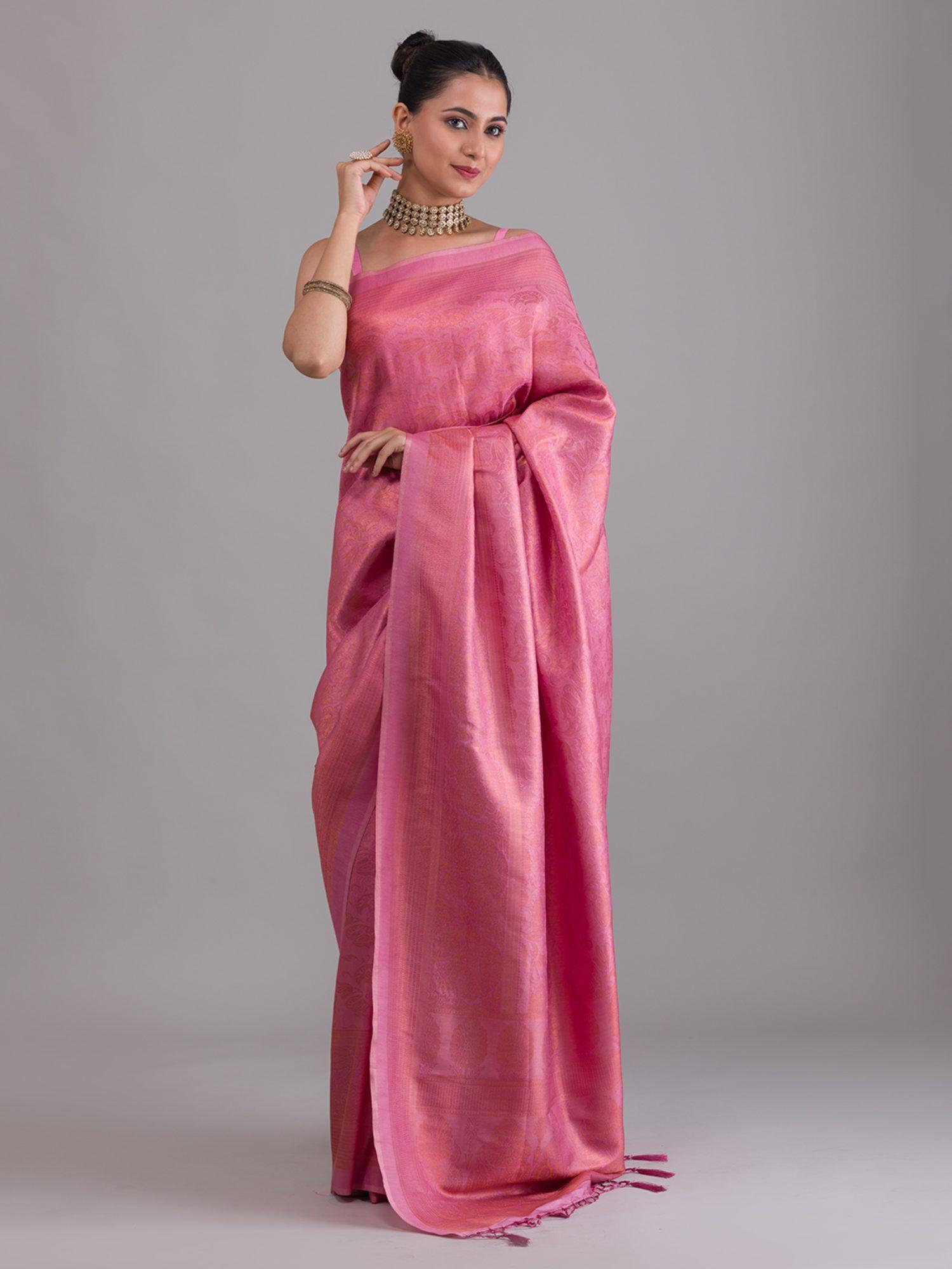 onion pink zariwork art silk saree with unstitched blouse