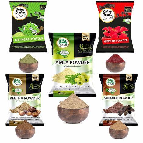 online quality store amla reetha shikakai bhringraj and hibiscus powder for hair |hair pack powder combo |hair care products |natural products for hair(pack of 5 , 900g pack){hib_ala_rt_sika_bri_900}