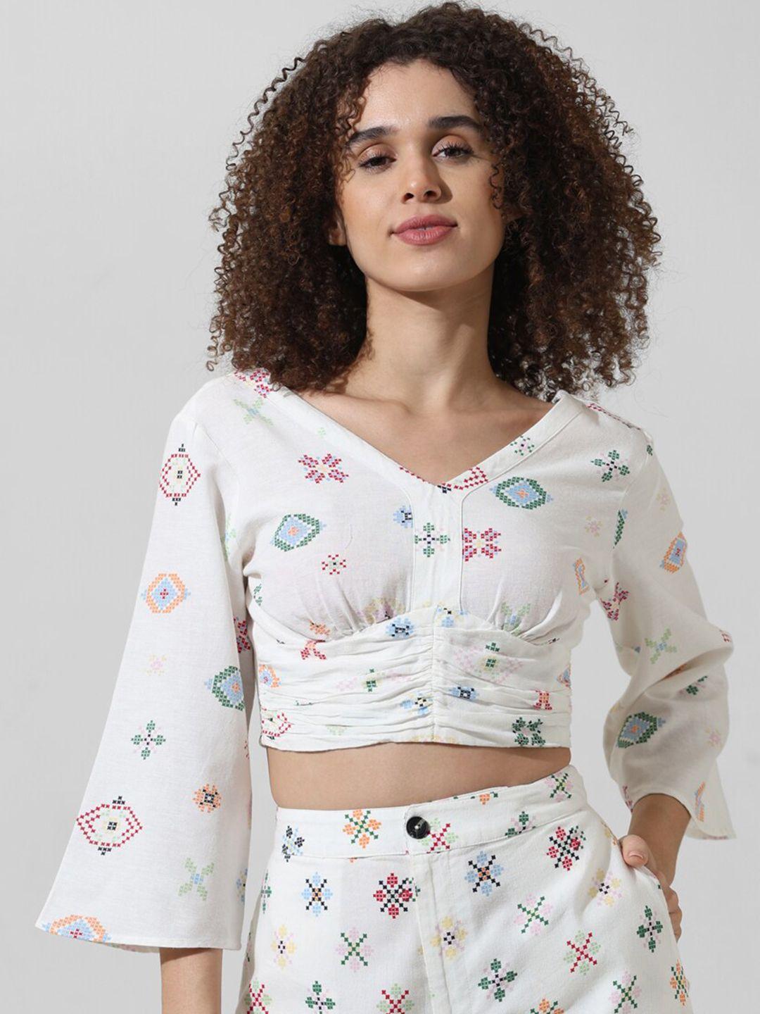 only abstract printed flared sleeves smocked gathered crop top