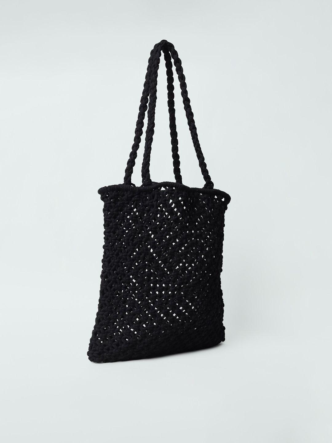 only black woven design shopper tote bag