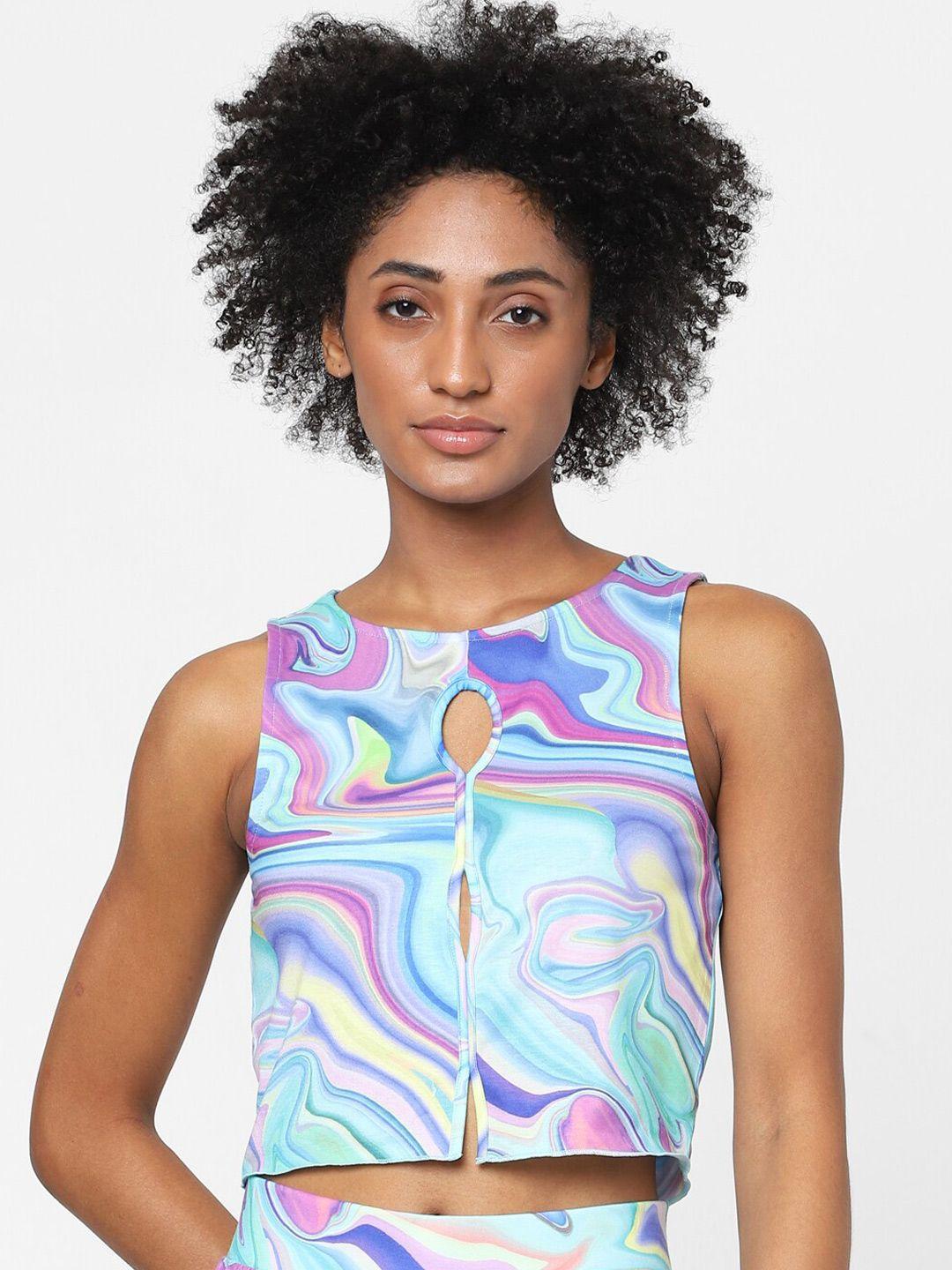 only blue & pink printed cut out crop top