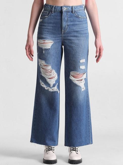only blue cotton distressed high rise jeans
