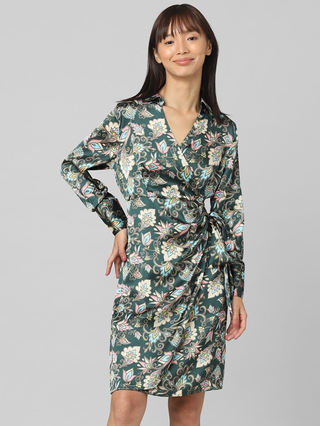 only ethnic motifs printed cuffed sleeves wrap dress