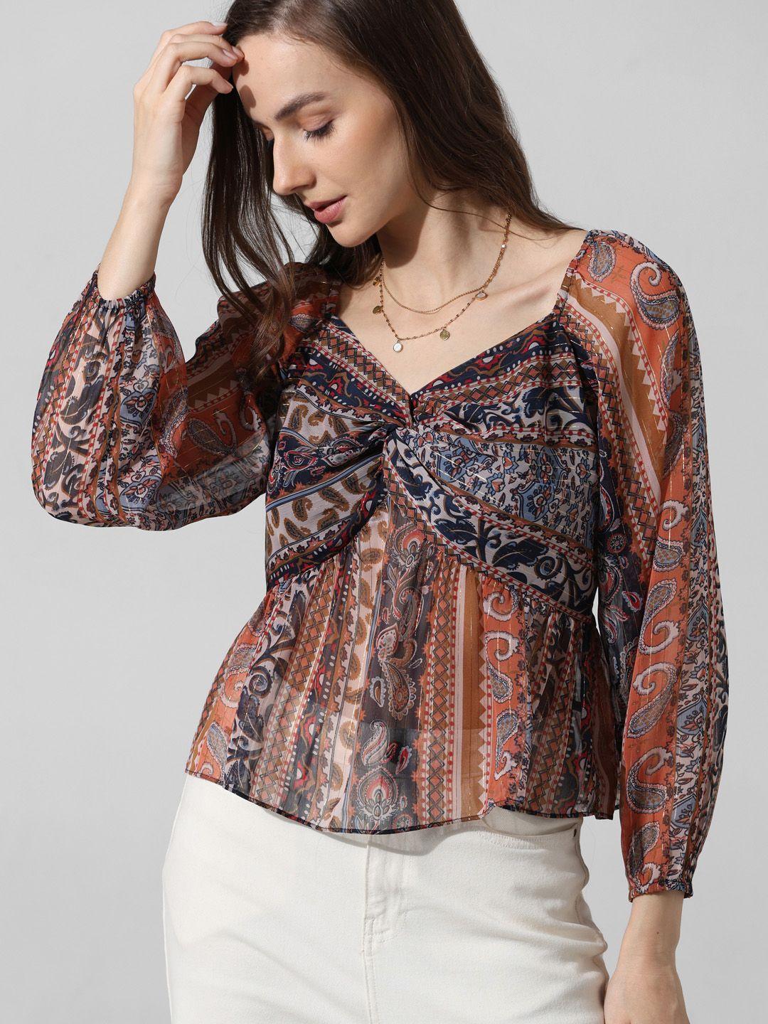 only ethnic motifs printed twisted semi sheer chiffon top