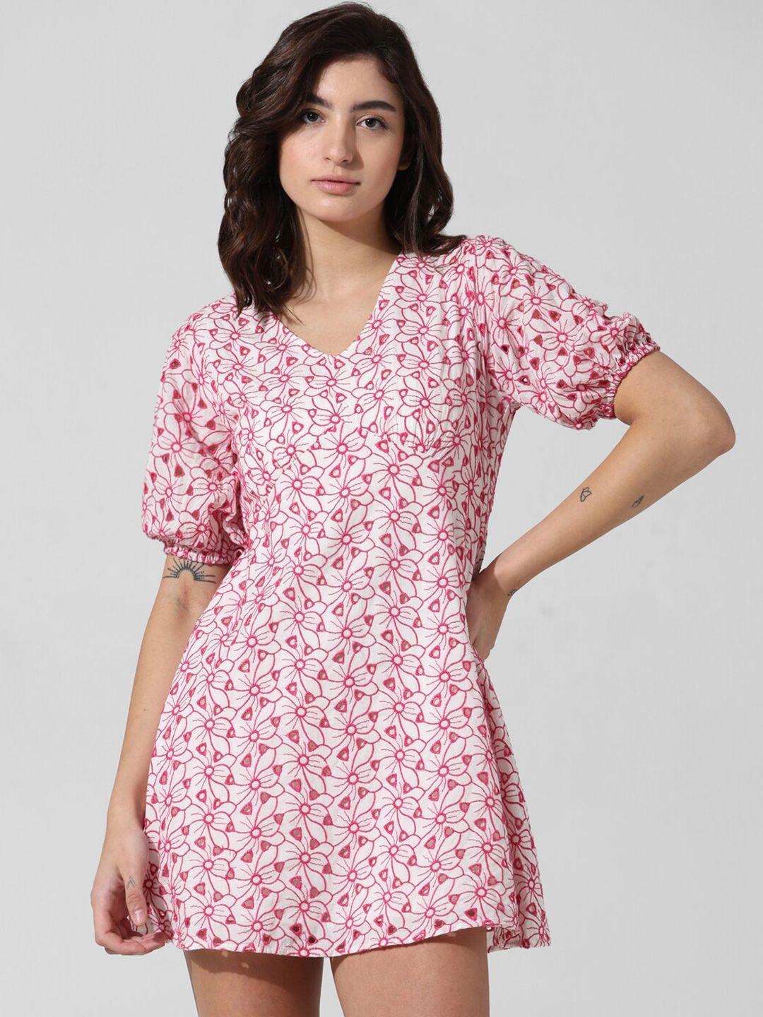 only floral embroidered puff sleeve pure cotton mini a-line dress