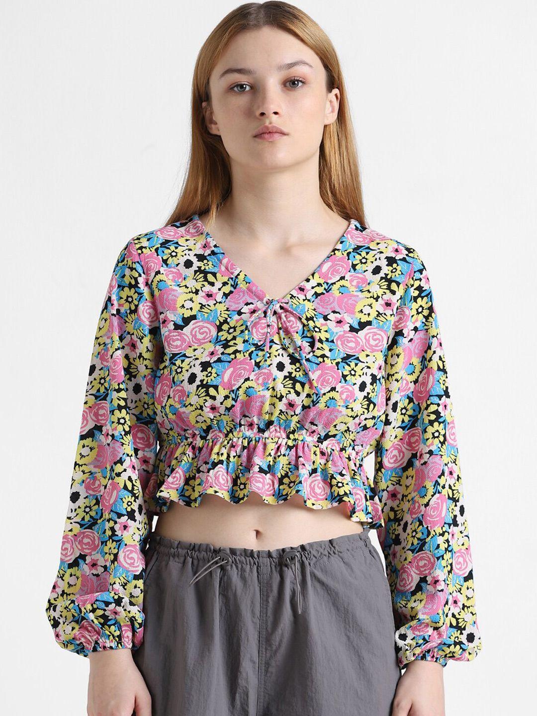 only floral printed puff sleeves blouson crop top