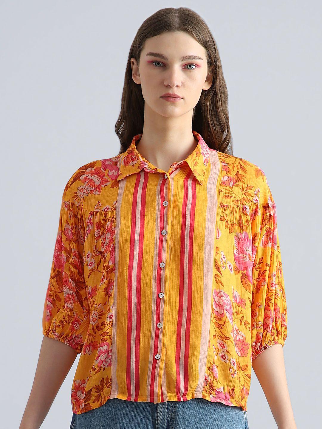 only floral printed puff sleeves gathered spread collar casual shirt