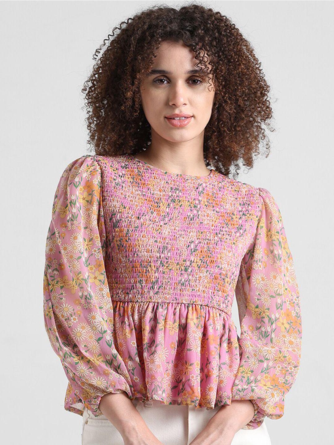only floral printed puff sleeves smocked chiffon peplum top