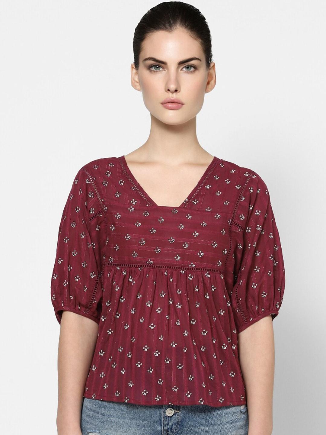 only maroon & white floral printed regular top with puff sleeves