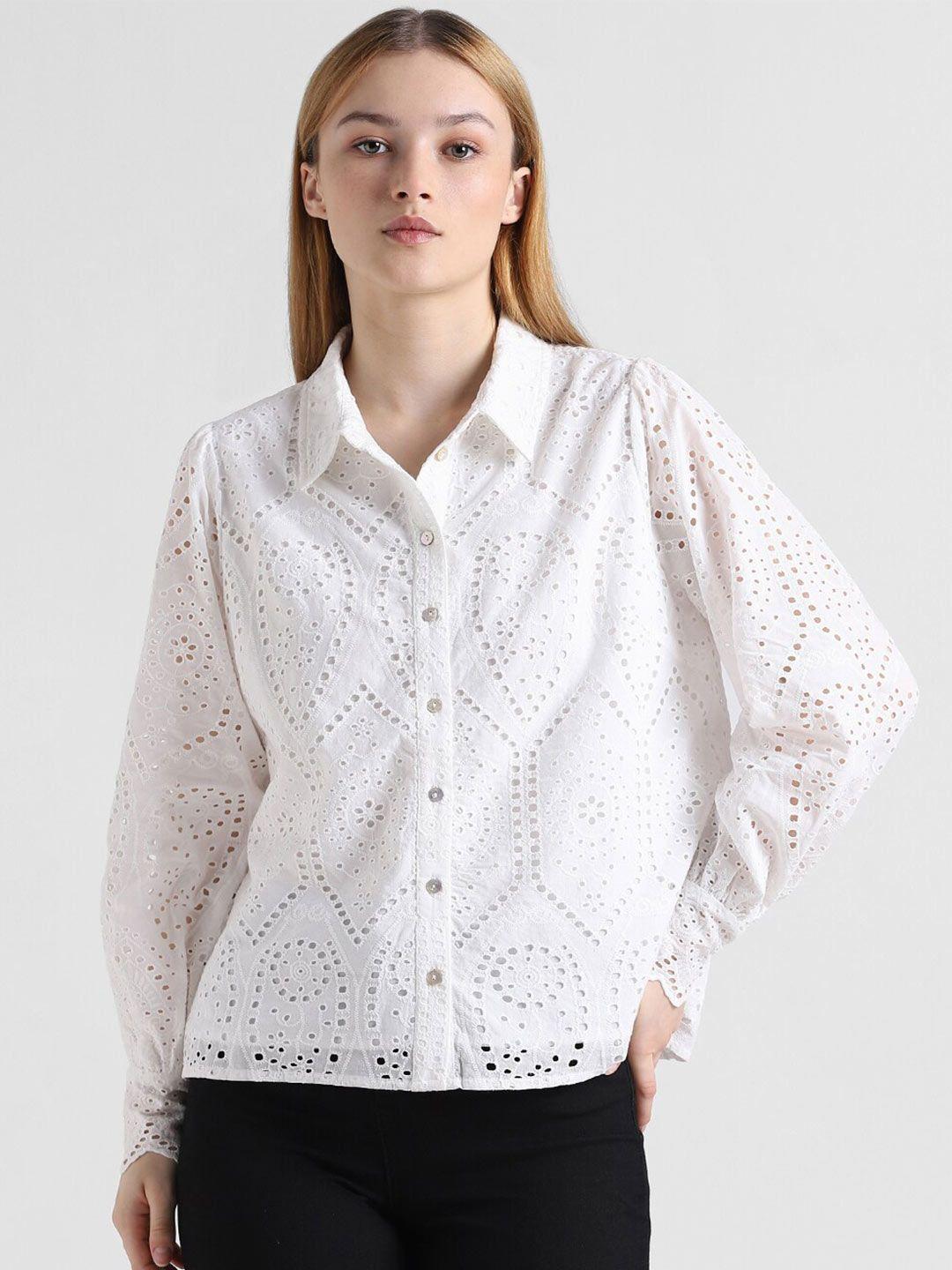 only new schiffli self design semi sheer printed casual pure cotton shirt
