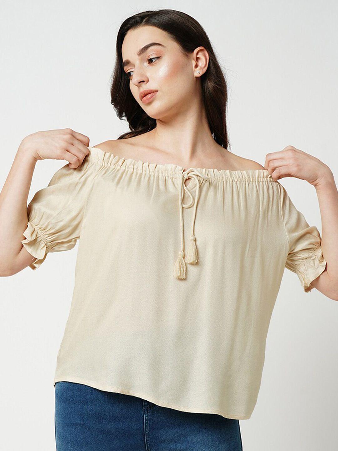 only off-shoulder gathered tie-up detail puff sleeves bardot top